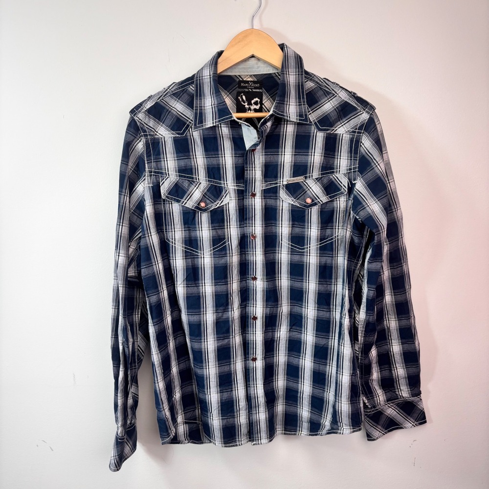 Marc Ecko Cut & Sew Blue Plaid Button Up Shirt Medium Y2K Streetwear Western